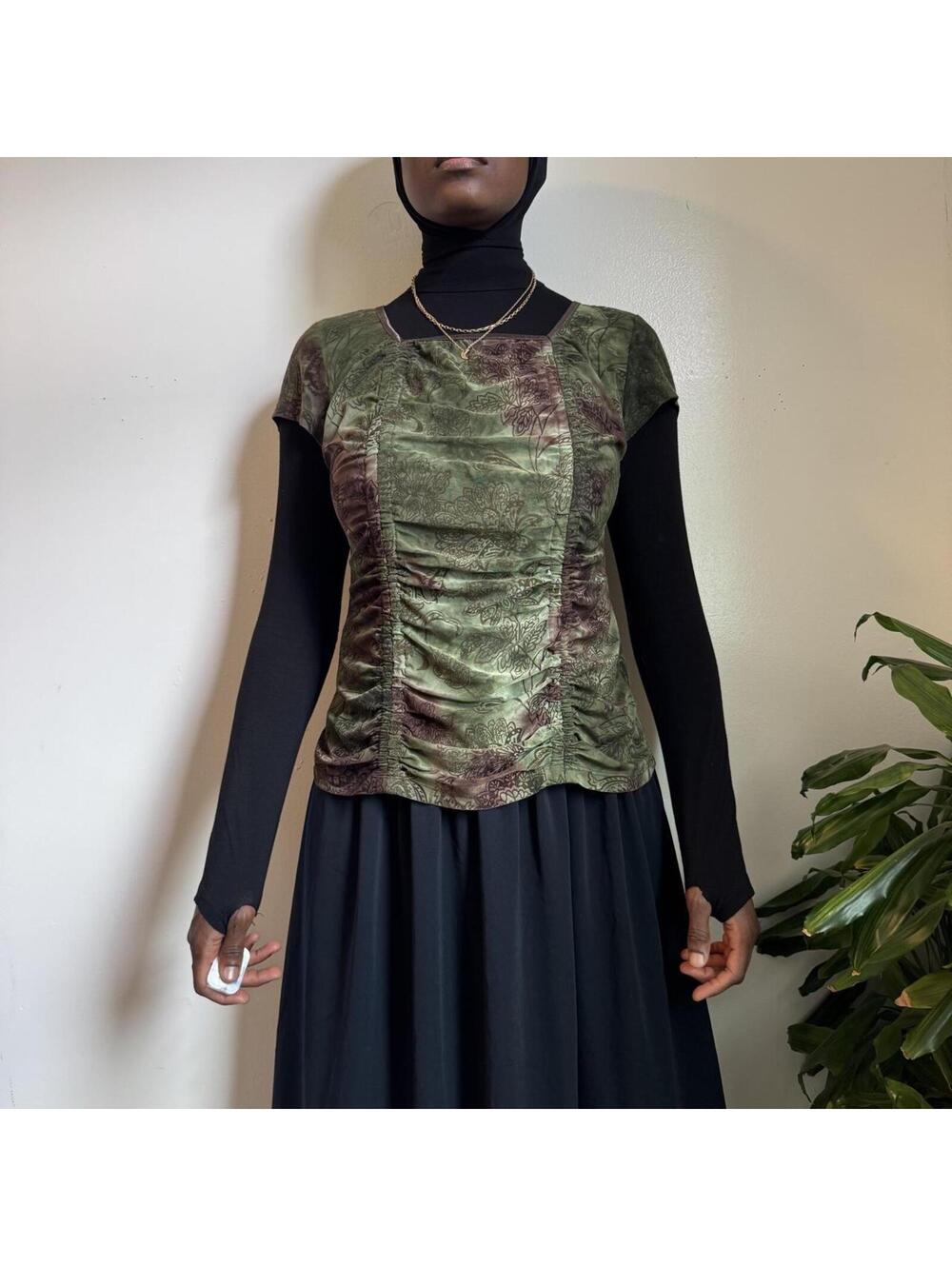 Vintage Whimsigoth Floral green Fairy Ruched Top L